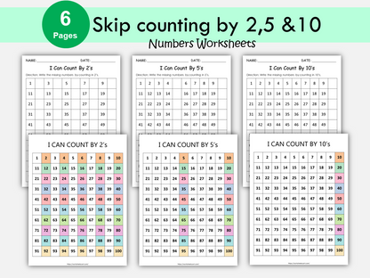 Skip Counting Worksheets, Skip Counting by 2s, 5s and 10s Charts Printables, Skip Counting Poster, Missing Numbers, Math, Kids, Kindergarten, WWF276