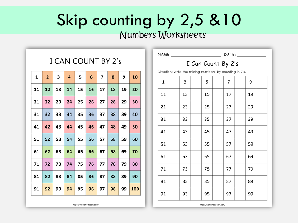 Skip Counting Worksheets, Skip Counting by 2s, 5s and 10s Charts Printables, Skip Counting Poster, Missing Numbers, Math, Kids, Kindergarten, WWF276