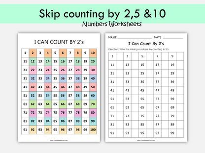 Skip Counting Worksheets, Skip Counting by 2s, 5s and 10s Charts Printables, Skip Counting Poster, Missing Numbers, Math, Kids, Kindergarten, WWF276