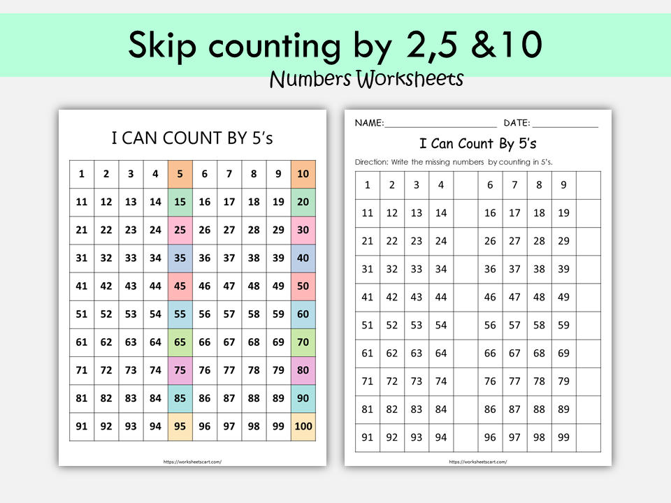 Skip Counting Worksheets, Skip Counting by 2s, 5s and 10s Charts Printables, Skip Counting Poster, Missing Numbers, Math, Kids, Kindergarten, WWF276