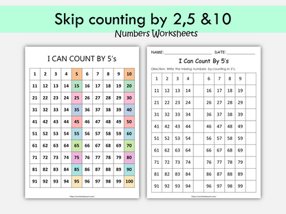 Skip Counting Worksheets, Skip Counting by 2s, 5s and 10s Charts Printables, Skip Counting Poster, Missing Numbers, Math, Kids, Kindergarten, WWF276