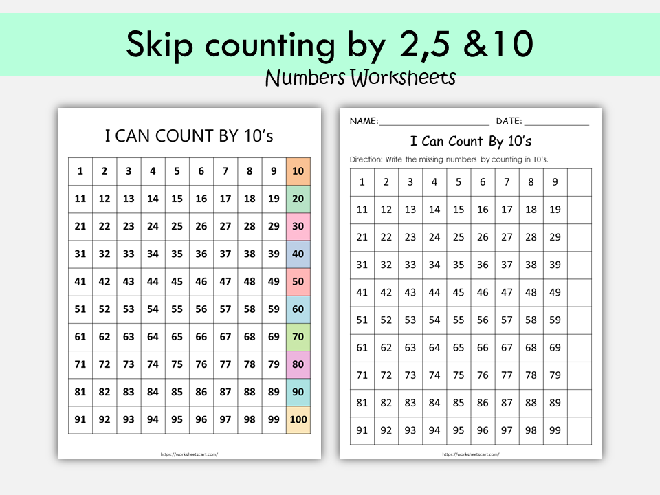 Skip Counting Worksheets, Skip Counting by 2s, 5s and 10s Charts Printables, Skip Counting Poster, Missing Numbers, Math, Kids, Kindergarten, WWF276