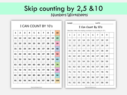 Skip Counting Worksheets, Skip Counting by 2s, 5s and 10s Charts Printables, Skip Counting Poster, Missing Numbers, Math, Kids, Kindergarten, WWF276