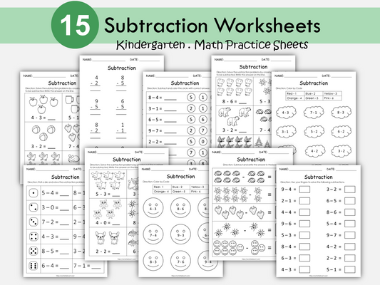 Kindergarten Math Worksheets, Subtraction Worksheets, Preschool Printable, Math Workbook, Basic Subtraction with pictures, Homeschool, WWF280