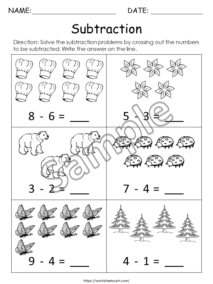 Kindergarten Math Worksheets, Subtraction Worksheets, Preschool Printable, Math Workbook, Basic Subtraction with pictures, Homeschool, WWF280