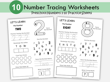 Number Worksheets for Preschool, Number Worksheets for Kids, PreK Math Printable, Tracing Numbers 1-10, Number of the Day, Kindergarten, WWF283