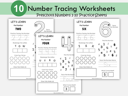 Number Worksheets for Preschool, Number Worksheets for Kids, PreK Math Printable, Tracing Numbers 1-10, Number of the Day, Kindergarten, WWF283