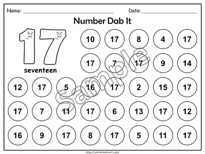 Number 1-50 Worksheets 1-50, Preschool Number of the Day Printable, Kindergarten Math, Toddlers Number Dab It Activity, Numbers Recognition, WWF284