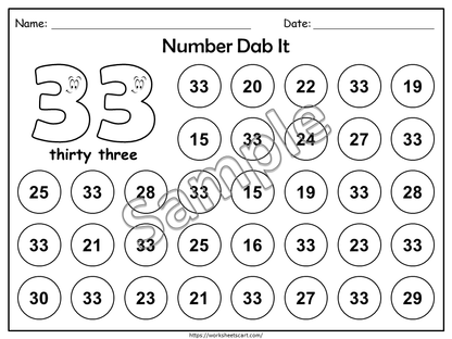 Number 1-50 Worksheets 1-50, Preschool Number of the Day Printable, Kindergarten Math, Toddlers Number Dab It Activity, Numbers Recognition, WWF284