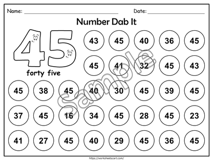 Number 1-50 Worksheets 1-50, Preschool Number of the Day Printable, Kindergarten Math, Toddlers Number Dab It Activity, Numbers Recognition, WWF284