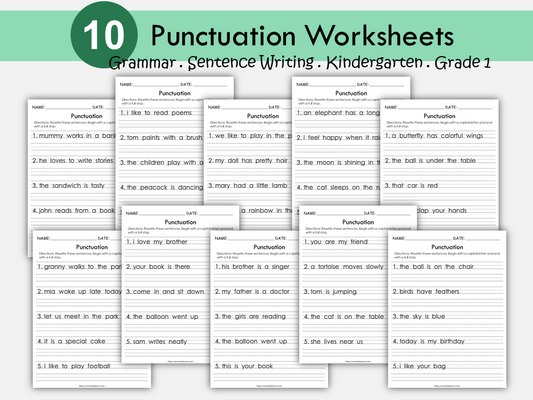 10 Sentence Writing Worksheets, Punctuation Practice - Capital Letters and Full Stops, Sentence Writing, Reading, Grade 1,2,3, WWF286