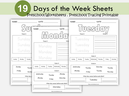 Days of the Week Worksheets, Days of the Week Printable, Learning Days of the Week, Preschool, Kindergarten Activities, Instant Download, WWF288