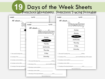 Days of the Week Worksheets, Days of the Week Printable, Learning Days of the Week, Preschool, Kindergarten Activities, Instant Download, WWF288