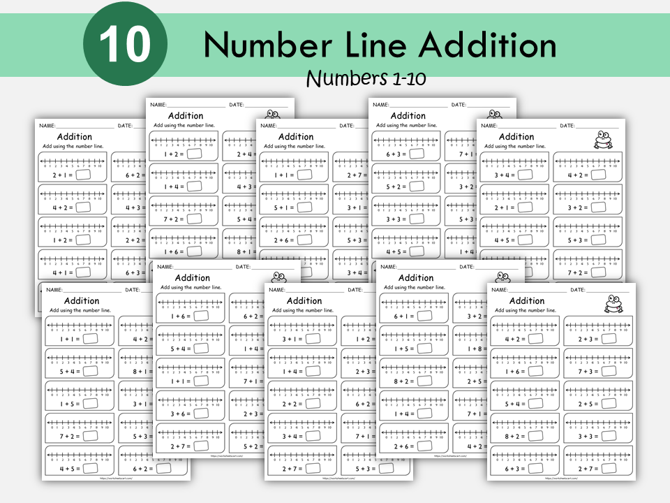 Addition Worksheets, Number Line Addition for First Grade, Math Worksheets Printable, Kindergarten Addition Facts, Toddler, Numbers 1-10, WWF289