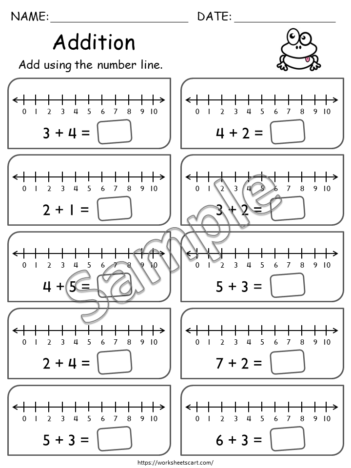 Addition Worksheets, Number Line Addition for First Grade, Math Worksheets Printable, Kindergarten Addition Facts, Toddler, Numbers 1-10, WWF289