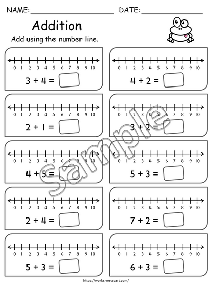 Addition Worksheets, Number Line Addition for First Grade, Math Worksheets Printable, Kindergarten Addition Facts, Toddler, Numbers 1-10, WWF289