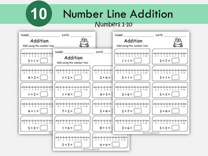 Addition Worksheets, Number Line Addition for First Grade, Math Worksheets Printable, Kindergarten Addition Facts, Toddler, Numbers 1-10, WWF289