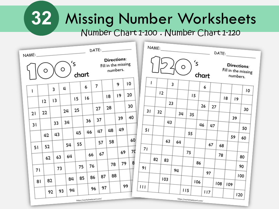 Missing Numbers 1-120 Worksheets, Preschool Printable, Kindergarten Math Workbook for Kids, Counting, Number Sequence, Homeschool, WWF290