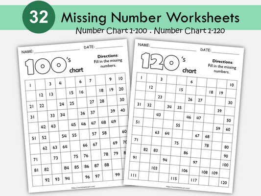 Missing Numbers 1-120 Worksheets, Preschool Printable, Kindergarten Math Workbook for Kids, Counting, Number Sequence, Homeschool, WWF290