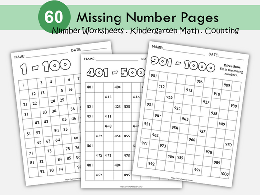 Number Worksheets for Preschool, Missing Numbers 1-1000, Kindergarten Math, Counting Workbook, Learning Numbers, Grade 1, Teacher Resource, WWF291