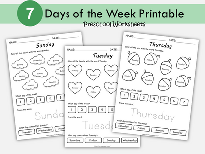 Days of the Week Printable for Kids, Days of the Week Worksheets, Days of the Week Files, Montessori, Toddlers, Preschool, Kindergarten, PDF, WWF293