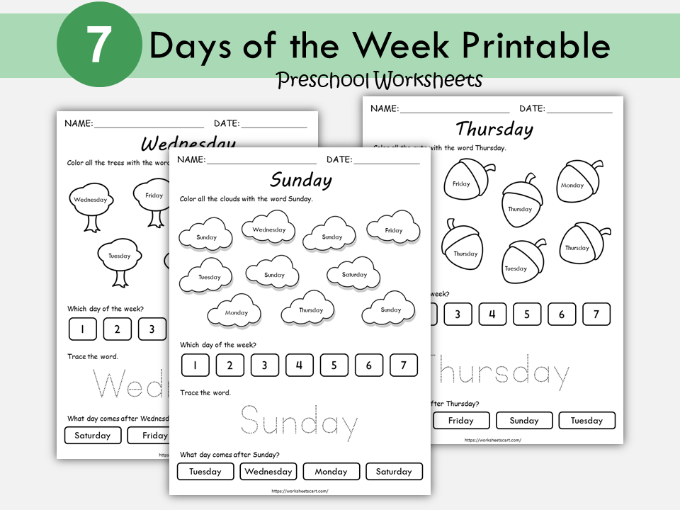 Days of the Week Printable for Kids, Days of the Week Worksheets, Days of the Week Files, Montessori, Toddlers, Preschool, Kindergarten, PDF, WWF293