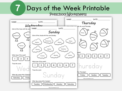 Days of the Week Printable for Kids, Days of the Week Worksheets, Days of the Week Files, Montessori, Toddlers, Preschool, Kindergarten, PDF, WWF293