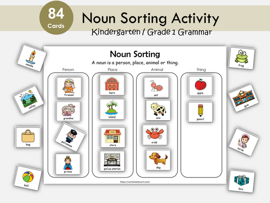 Noun Sorting, Nouns Flashcards, Matching and Grouping Activity, Noun Busy Book Practice Page, Grammar Printable, Toddlers, Kindergarten, WWF295