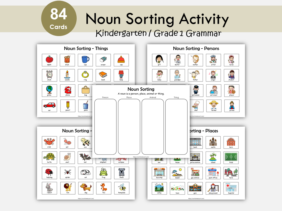 Noun Sorting, Nouns Flashcards, Matching and Grouping Activity, Noun Busy Book Practice Page, Grammar Printable, Toddlers, Kindergarten, WWF295