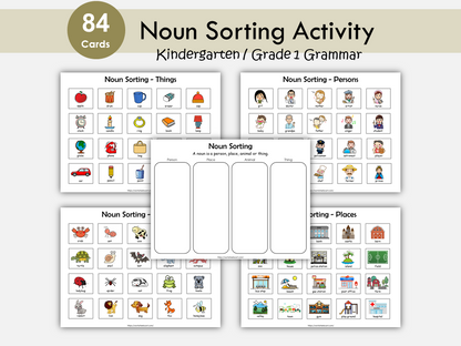 Noun Sorting, Nouns Flashcards, Matching and Grouping Activity, Noun Busy Book Practice Page, Grammar Printable, Toddlers, Kindergarten, WWF295