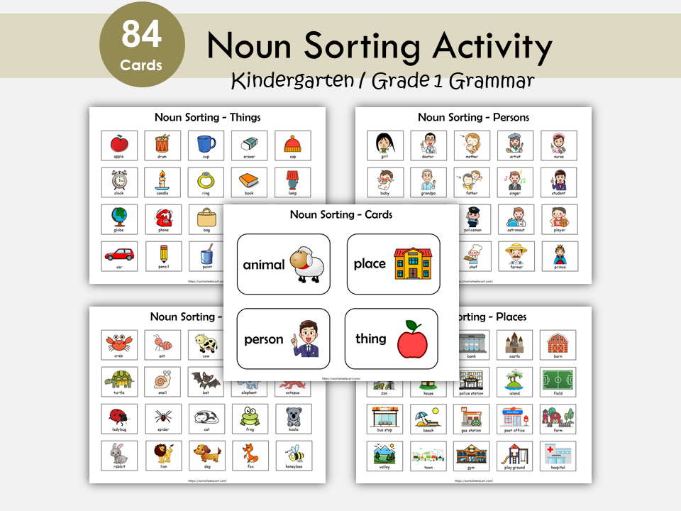 Noun Sorting, Nouns Flashcards, Matching and Grouping Activity, Noun Busy Book Practice Page, Grammar Printable, Toddlers, Kindergarten, WWF295