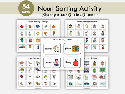 Noun Sorting, Nouns Flashcards, Matching and Grouping Activity, Noun Busy Book Practice Page, Grammar Printable, Toddlers, Kindergarten, WWF295