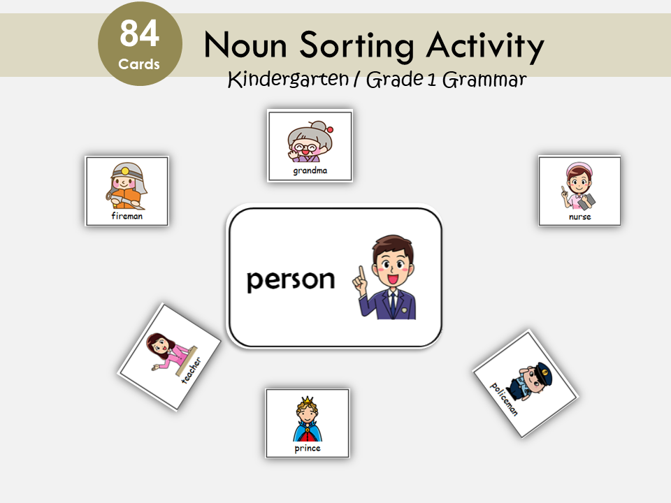 Noun Sorting, Nouns Flashcards, Matching and Grouping Activity, Noun Busy Book Practice Page, Grammar Printable, Toddlers, Kindergarten, WWF295