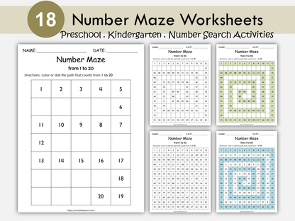 Number Worksheets for Preschool, Number Maze, Kindergarten Math, Toddlers Activity, Number Recognition, Counting Practice, Number Sequence, WWF297