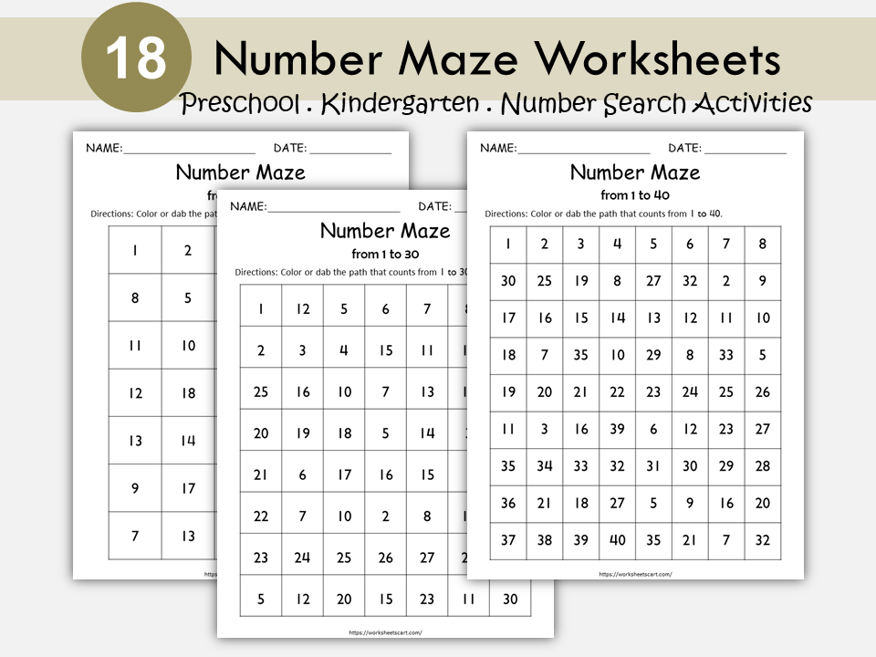 Number Worksheets for Preschool, Number Maze, Kindergarten Math, Toddlers Activity, Number Recognition, Counting Practice, Number Sequence, WWF297