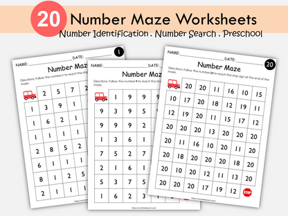 Number Maze Worksheets, Numbers 1-20, Number Sequence, Preschool Math, PreK Workbook, Toddlers Activity, Montessori, Homeschool, WWF298