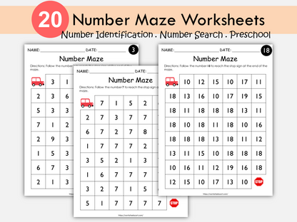 Number Maze Worksheets, Numbers 1-20, Number Sequence, Preschool Math, PreK Workbook, Toddlers Activity, Montessori, Homeschool, WWF298