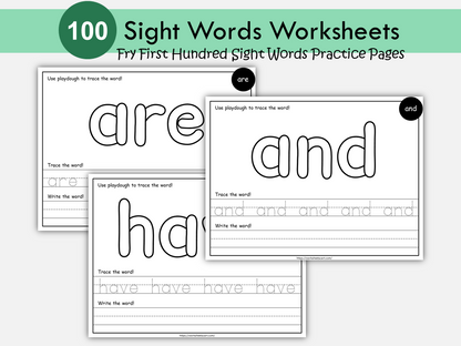 100 Printable Sight Words Worksheets, Fry First Hundred Sight Workbook, Kindergarten Playdough Mats, High Frequency Words, Ist, 2nd Grade, WWF301