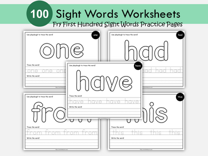 100 Printable Sight Words Worksheets, Fry First Hundred Sight Workbook, Kindergarten Playdough Mats, High Frequency Words, Ist, 2nd Grade, WWF301