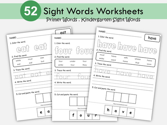 Sight Words Printable, Sight Words Worksheets for Kindergarten, 52 Primer Sight Words Activities, Spelling Practice, Digital Download, WWF303