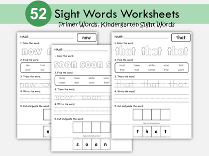 Sight Words Printable, Sight Words Worksheets for Kindergarten, 52 Primer Sight Words Activities, Spelling Practice, Digital Download, WWF303