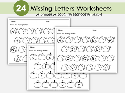 Alphabet Worksheets Printable for Preschool, Missing Letters Workbook, Letters A-Z Recognition, Fall Theme, Toddlers Morning Activities, WWF304