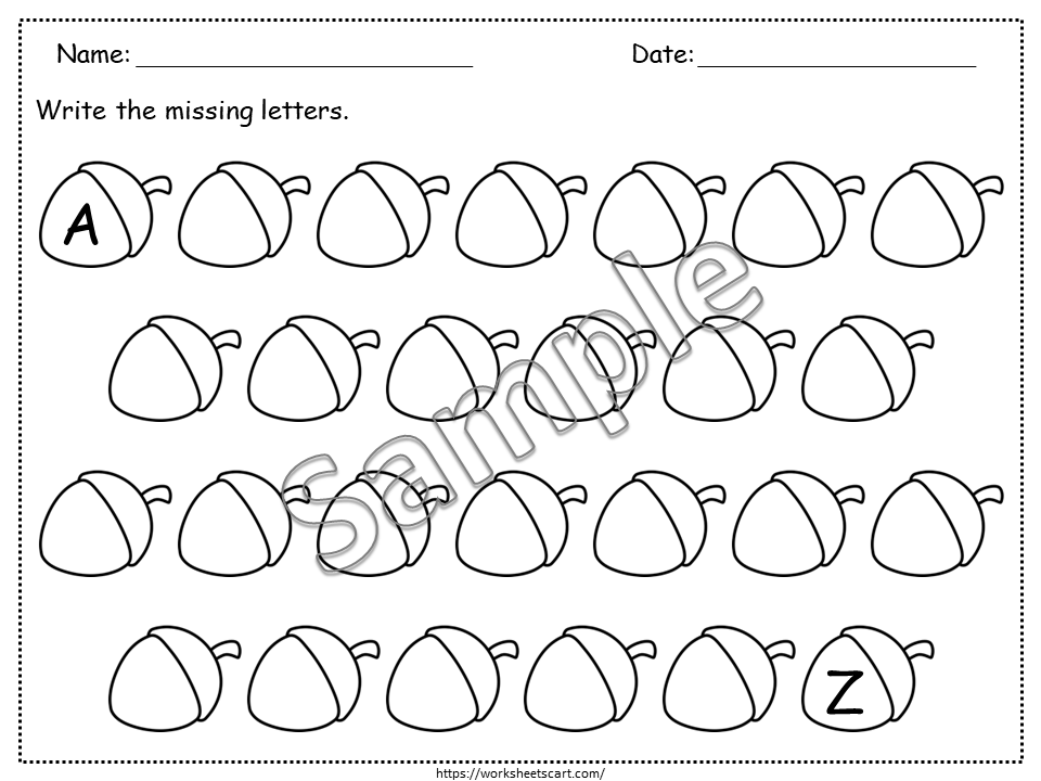 Alphabet Worksheets Printable for Preschool, Missing Letters Workbook, Letters A-Z Recognition, Fall Theme, Toddlers Morning Activities, WWF304