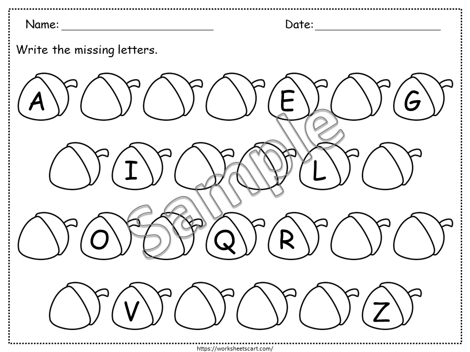 Alphabet Worksheets Printable for Preschool, Missing Letters Workbook, Letters A-Z Recognition, Fall Theme, Toddlers Morning Activities, WWF304