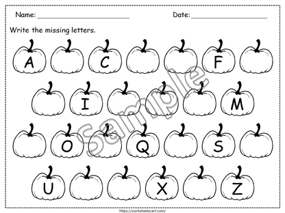 Alphabet Worksheets Printable for Preschool, Missing Letters Workbook, Letters A-Z Recognition, Fall Theme, Toddlers Morning Activities, WWF304