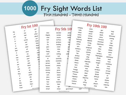 1,000 High Frequency Words, Fry Sight Words Printable, Spelling, Sight Words, Homeschool, Pre K, Kindergarten, Elementary School, Montessori, WWF305