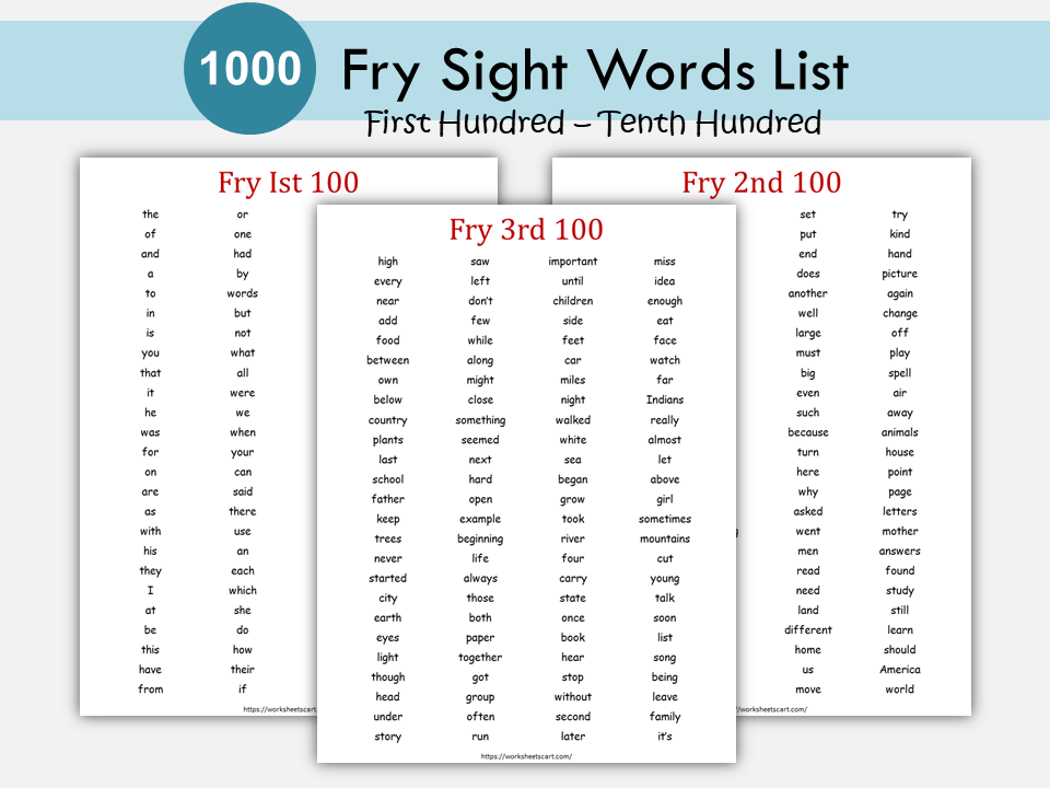 1,000 High Frequency Words, Fry Sight Words Printable, Spelling, Sight Words, Homeschool, Pre K, Kindergarten, Elementary School, Montessori, WWF305