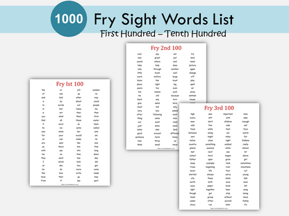 1,000 High Frequency Words, Fry Sight Words Printable, Spelling, Sight Words, Homeschool, Pre K, Kindergarten, Elementary School, Montessori, WWF305