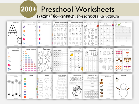 Preschool Learning Worksheets Bundle for Kindergarten, Preschool Activities, Montessori, Alphabet, Numbers, Tracing, Math, Colors, Shapes, WWF315