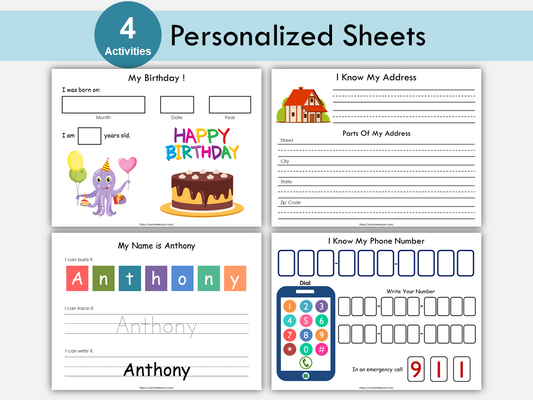 Life Skills Practice Sheets Printable, Toddler Busy Binder, Kids Name, Phone Number, Address, Birthday, Preschool, Kindergarten Curriculum, WWF316